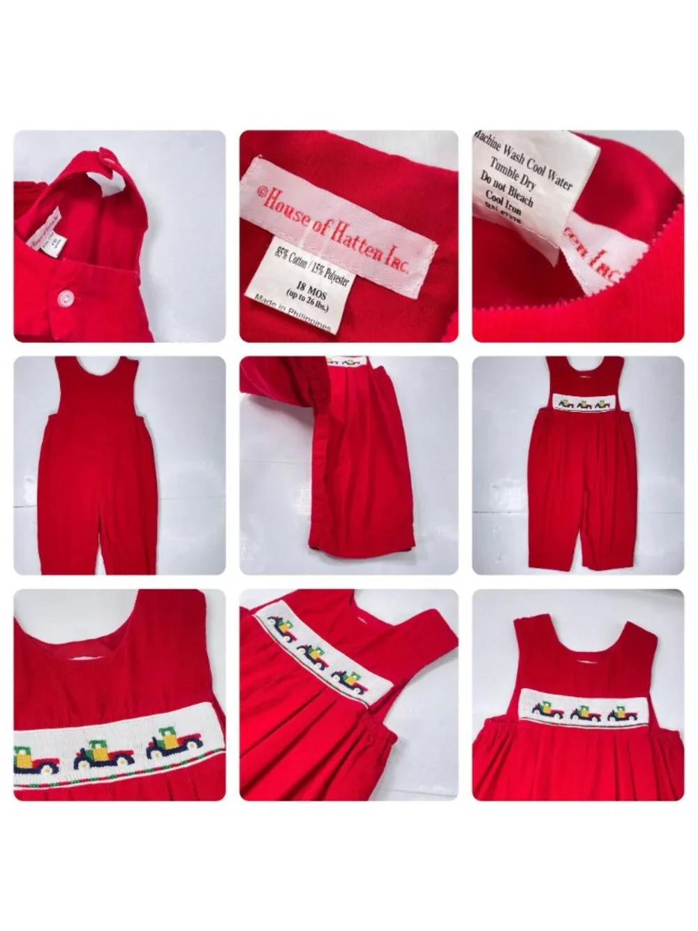 Vintage House of Hatten Color Block Farm Truck Smocked Longalls Romper 18m